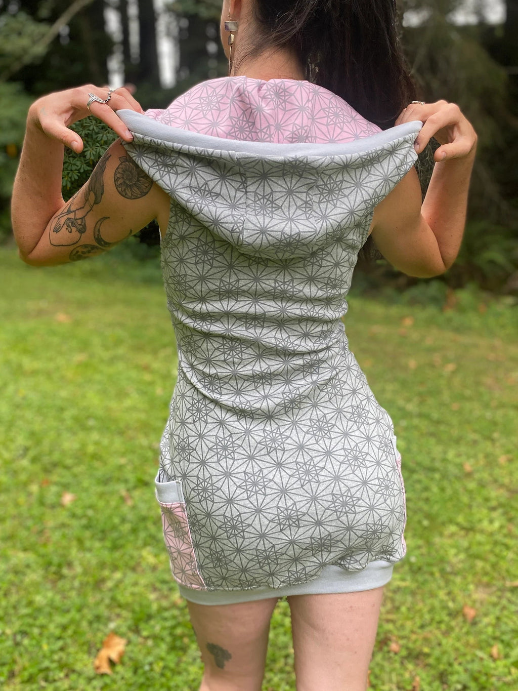 Organic Cotton Grey Cowl Hooded Dress with Pockets