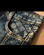 Vintage Faded Blue Gray Diamond Quilted Panel Biker Style Jeans