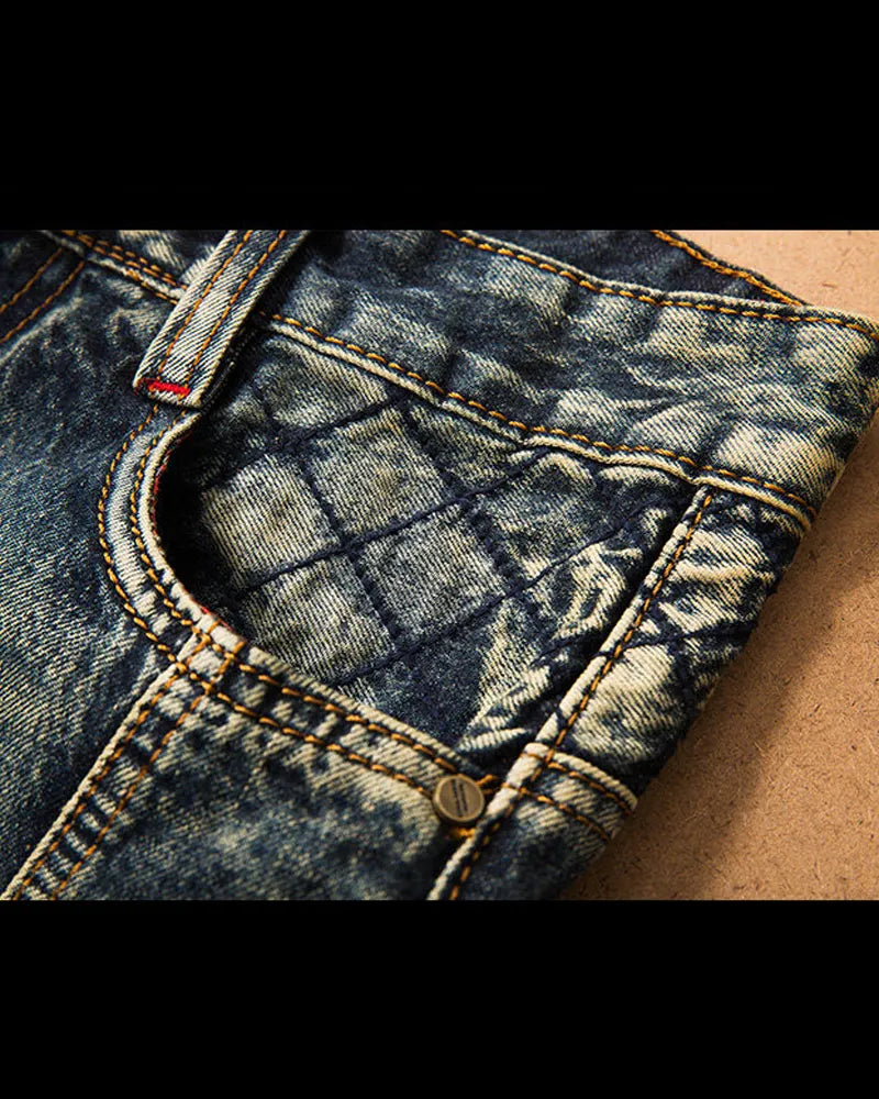 Vintage Faded Blue Gray Diamond Quilted Panel Biker Style Jeans