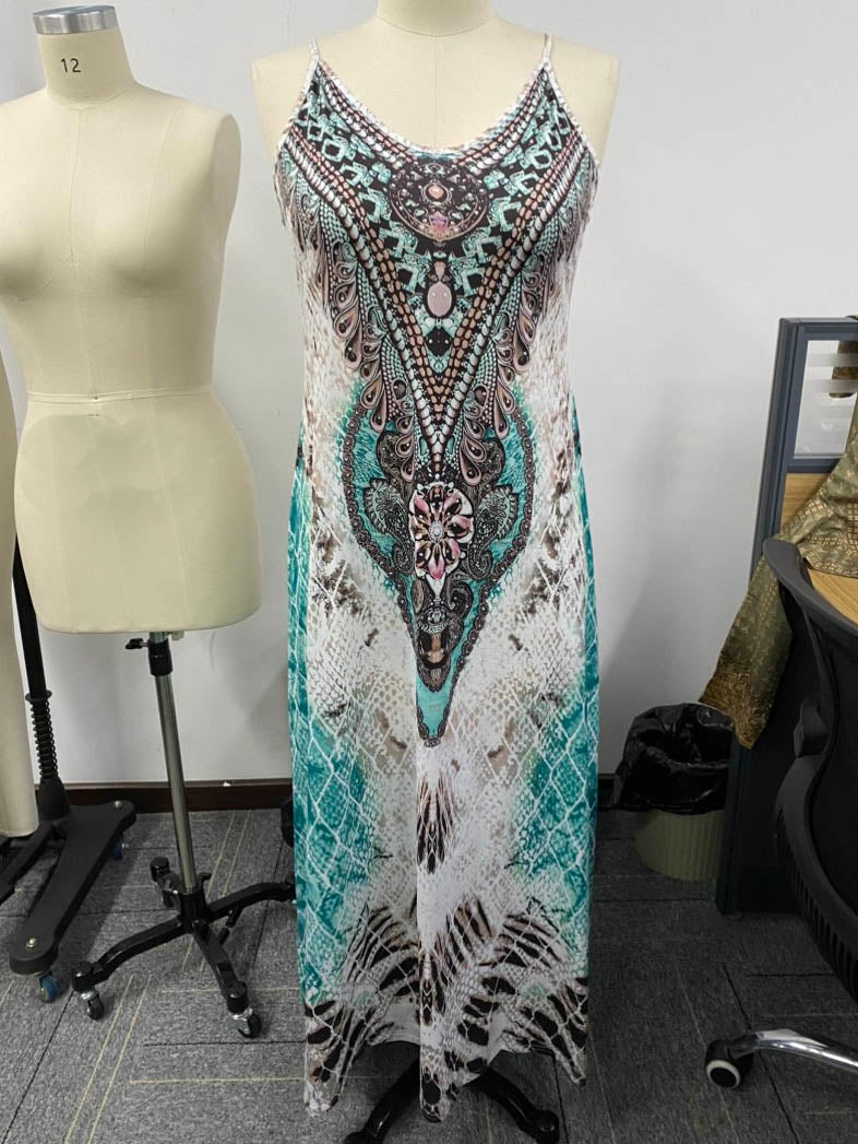 Nextmacys-Women Half Sleeve V-neck Graphic Printed Two-Piece Maxi Dress-Petite Size Available