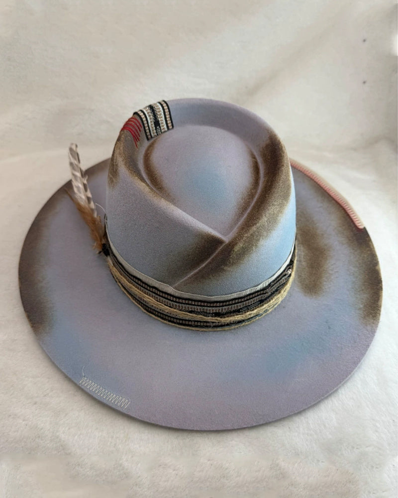 Vintage  Hand©\Distressed Artisan Decorated Wide©\Brim Western Fedora Hat