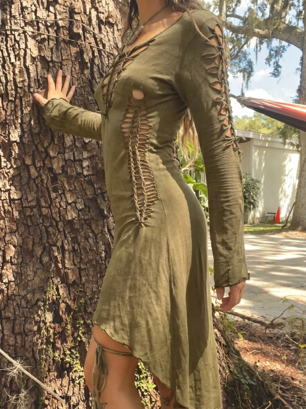 Crisscross Back Lace-Up Asymmetric Long Sleeve Dress