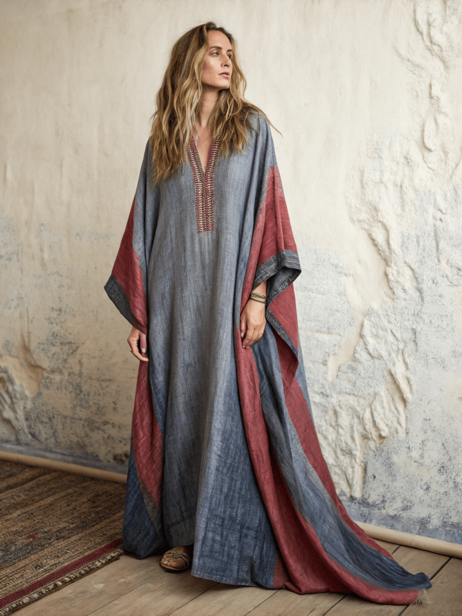 Linen Printed Kaftan Maxi Dress