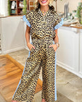 Contrasting Ruffle Trim Leopard Satin Set