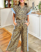 Contrasting Ruffle Trim Leopard Satin Set