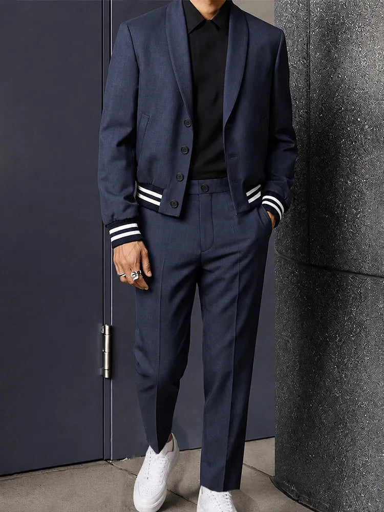 Casual Contrast Stripe Cropped Blazer Suit Set