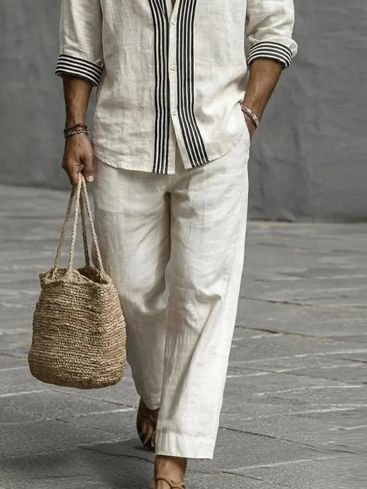 Nature Style Stripe Cotton Shirt and Pants Set