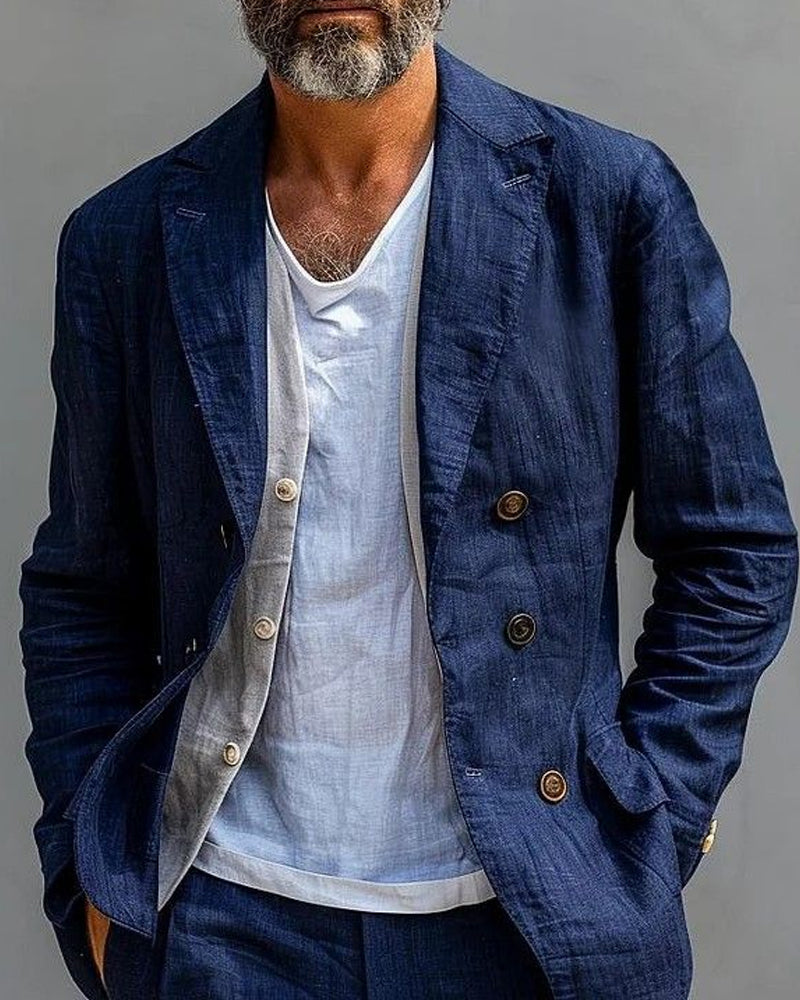 Retro Navy Blue Linen Double-breasted Blazer