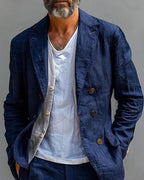 Retro Navy Blue Linen Double-breasted Blazer