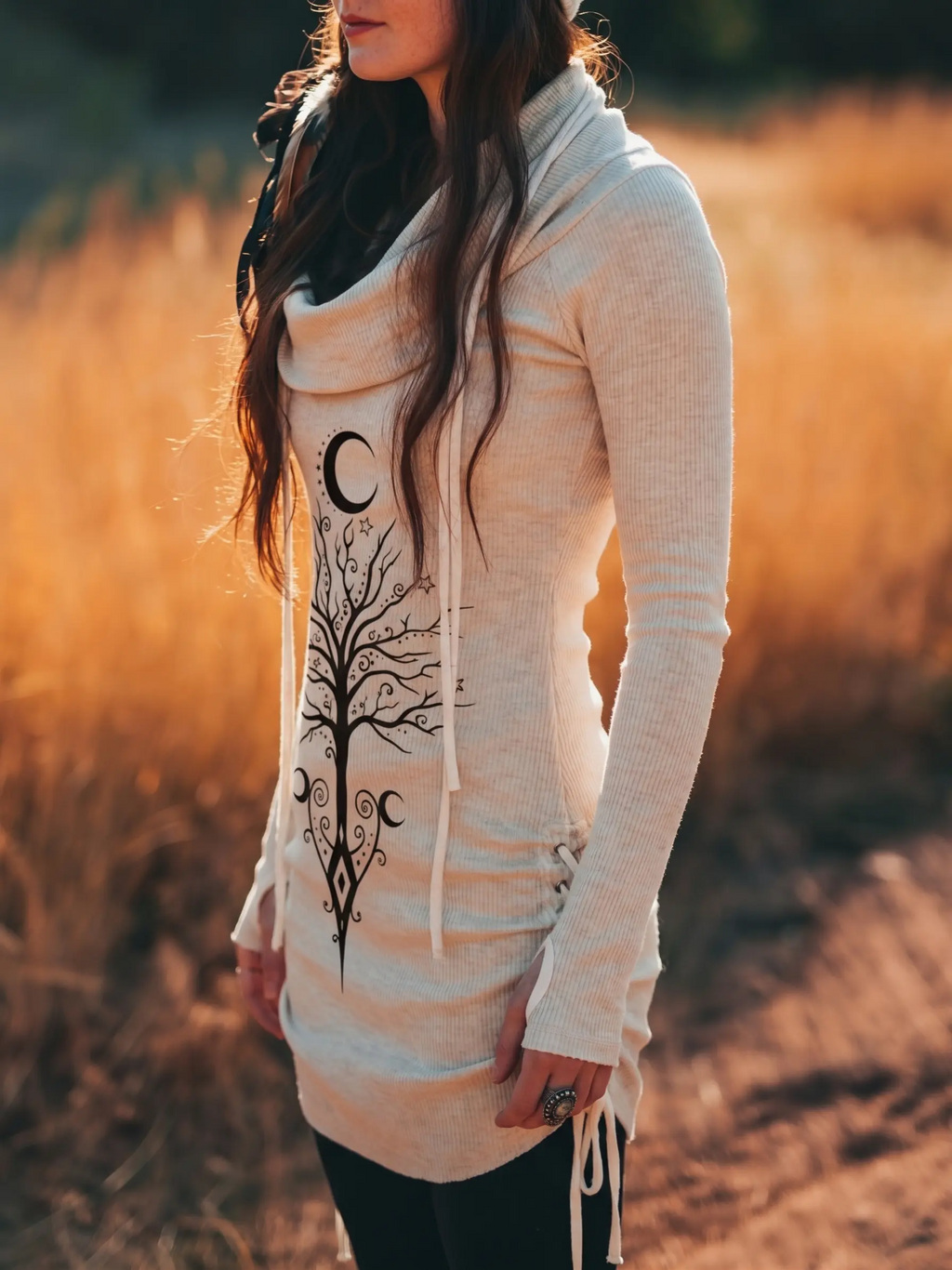 Moon Totem Cowl Neck Long Top