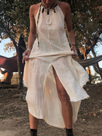Natural cotton backless dress Gypsy dress Leopard trim halterneck dress