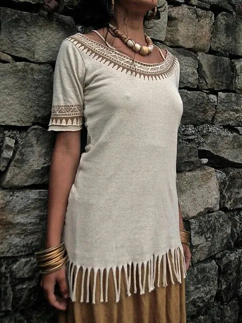 Fringed Midi Top with Bohemian Ethnic Print ¨C Longline Style