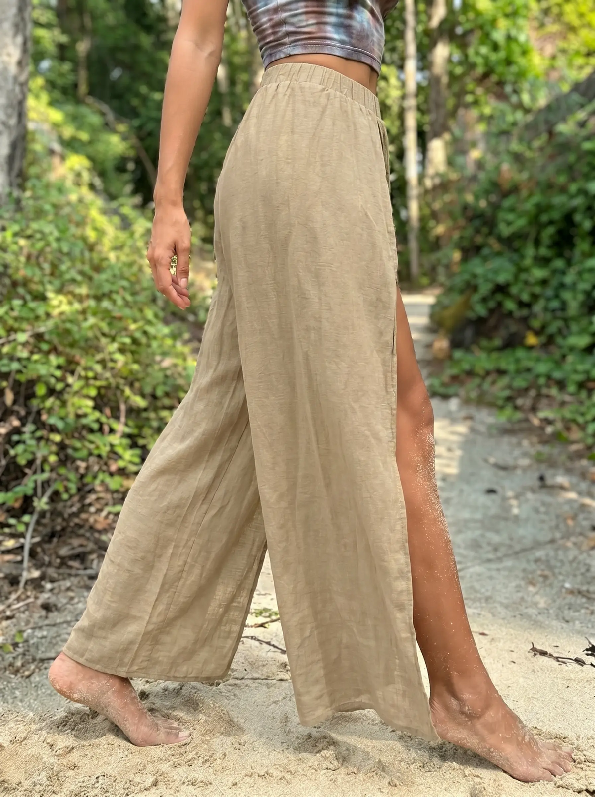 Wrap-Style Wide Leg Pants with Side Slit ¨C Cotton Linen Blend