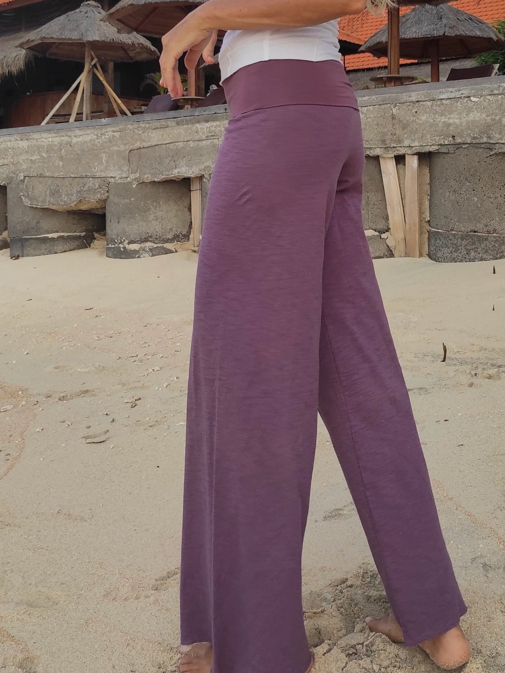 Wide Legs Relaxed Fit Pants, Fold Over Band Yoga Pants