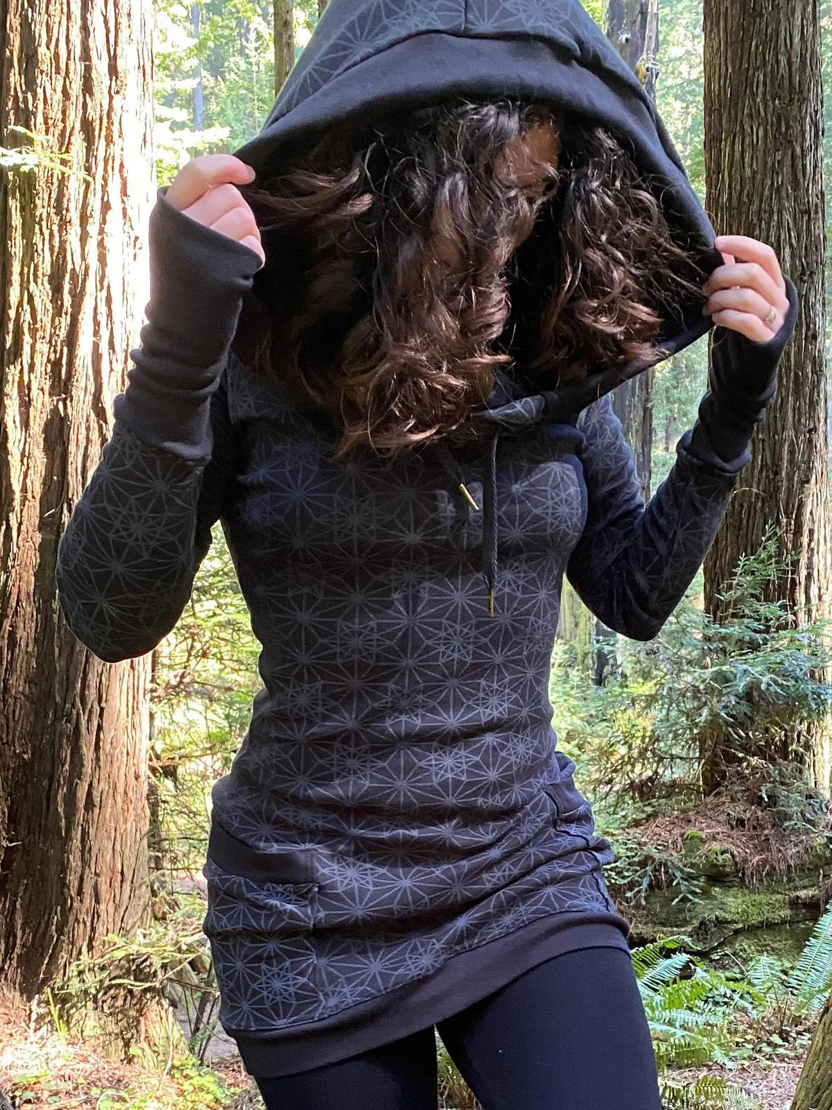 Fitted Sacred Geometry Cowl Hood Long Sleeve Mini Dress with Pockets and Thumbhole Cuffs