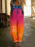 Women's Retro Floral Color-Blocked Art Print Washed Cotton Denim Patchwork Jumpsuit