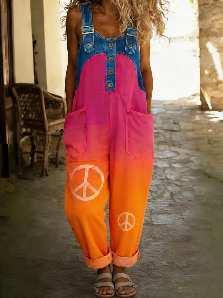 Women's Retro Floral Color-Blocked Art Print Washed Cotton Denim Patchwork Jumpsuit