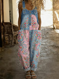 Floral Art Print Denim Patchwork Jumpsuit