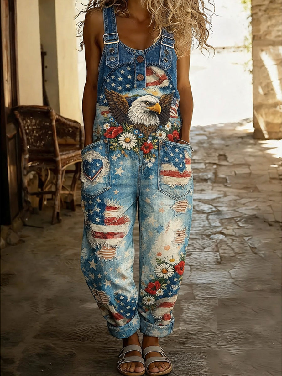 Women's Retro Style Print Washed Cotton Denim Patchwork Jumpsuit