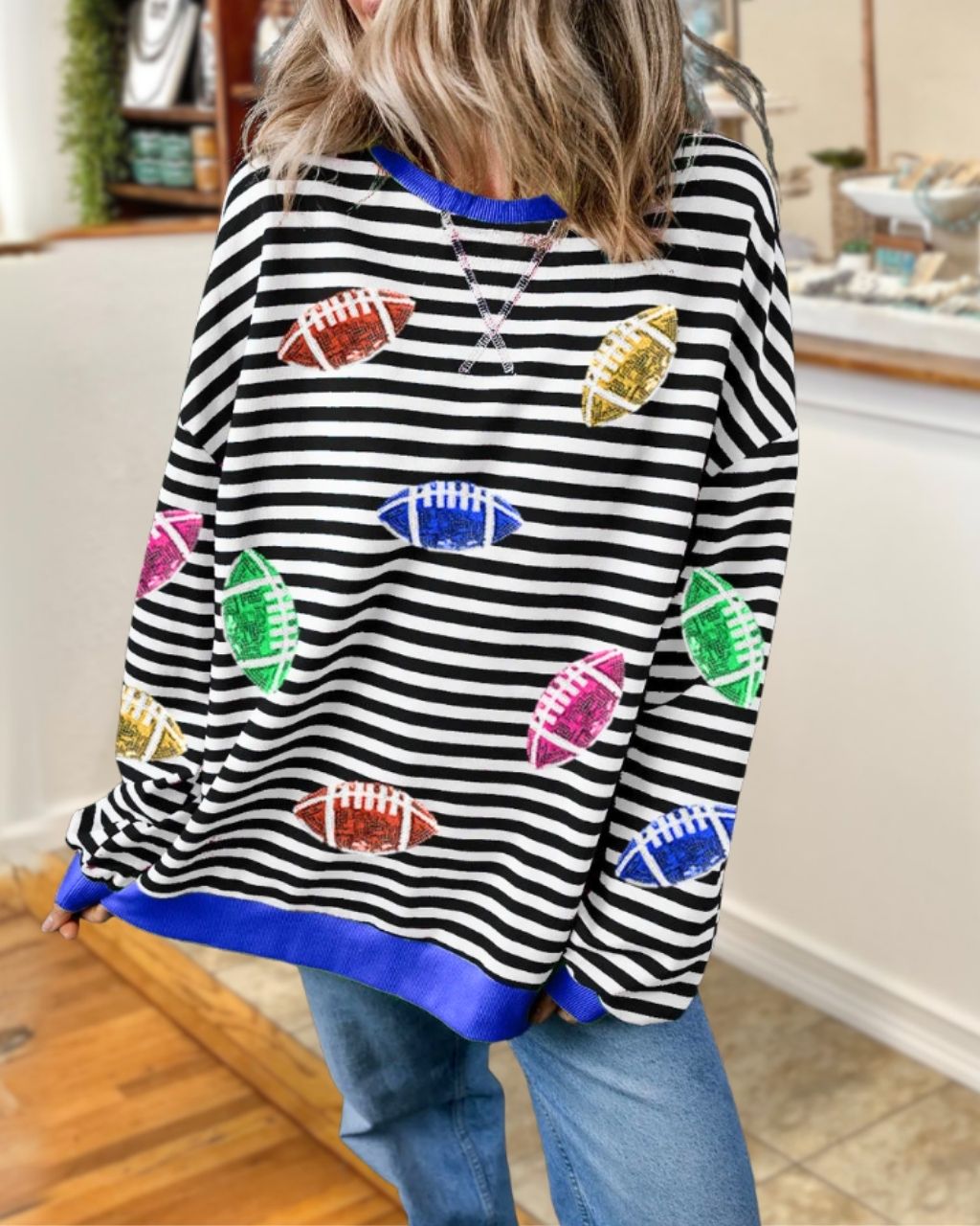 Colorful Football Sequined Striped Sweatshirt