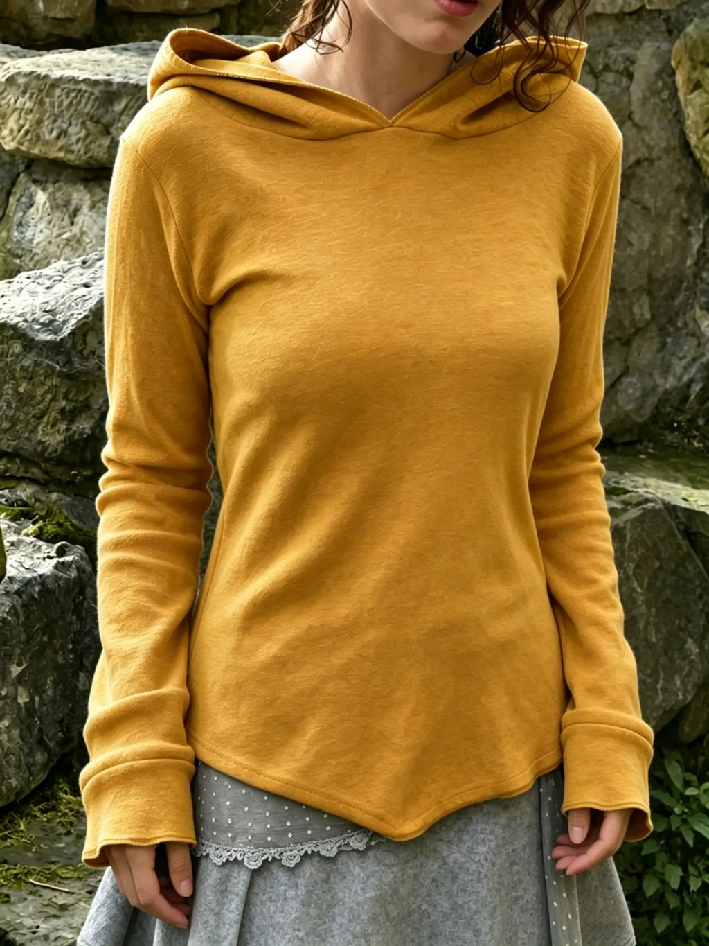 Mustard Yellow Hooded Flared Sleeve Top