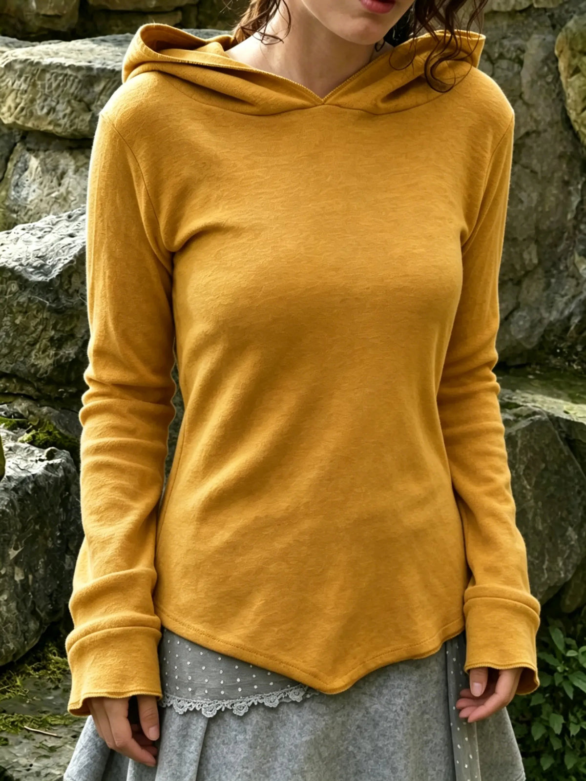 Mustard Yellow Hooded Flared Sleeve Top