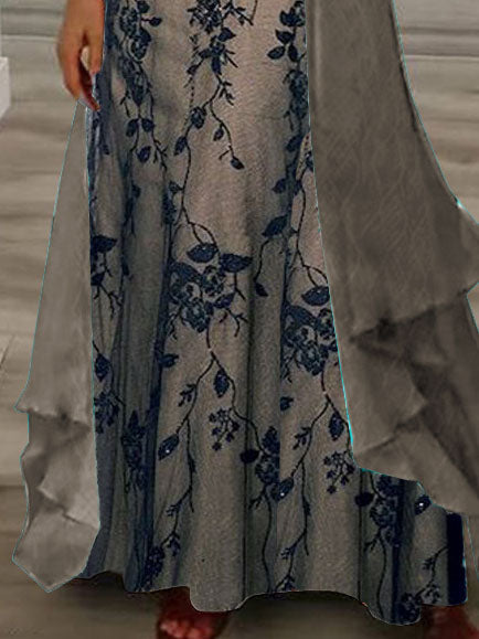 Nextmacys-Women's Long Sleeve V-neck Floral Printed Two Pieces Maxi Dress