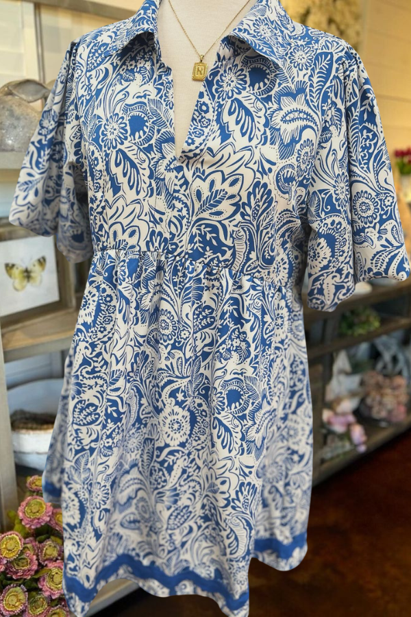 Blue Paisley Puff Sleeve Dress