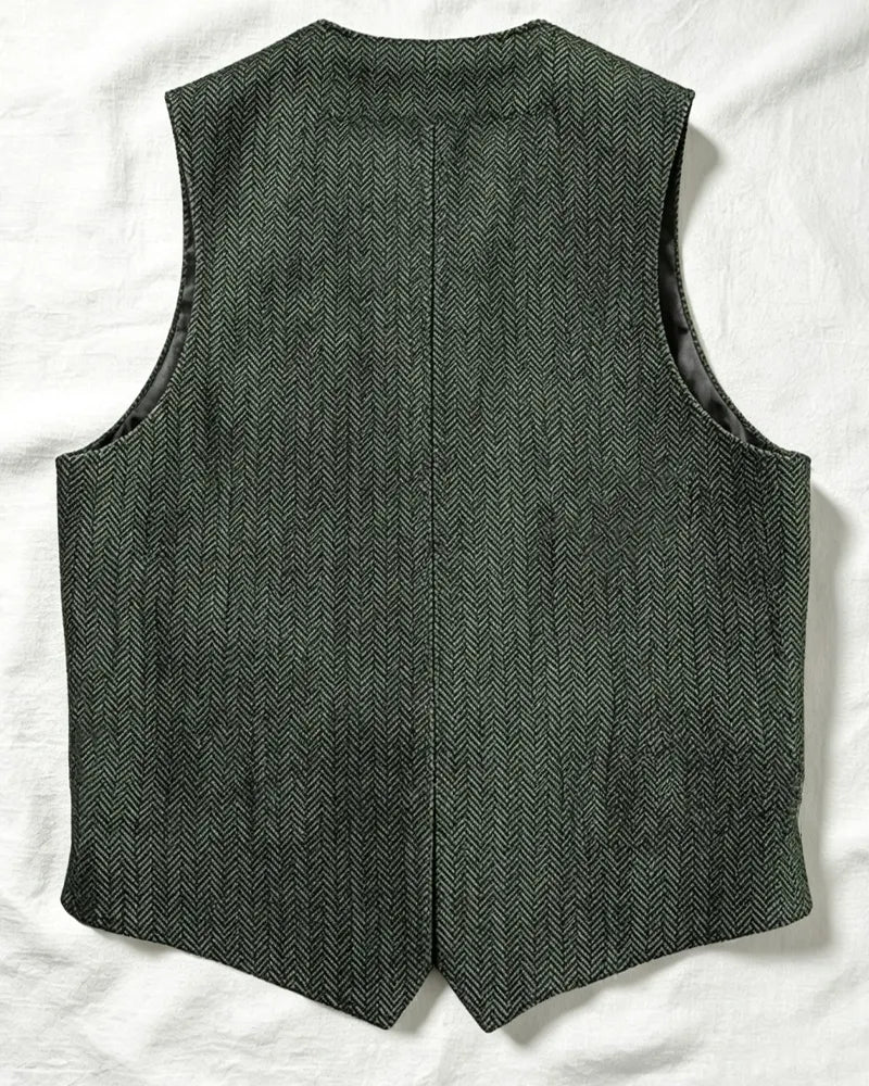 Vintage Dark Green Herringbone Tweed Multi©\Pocket Vest