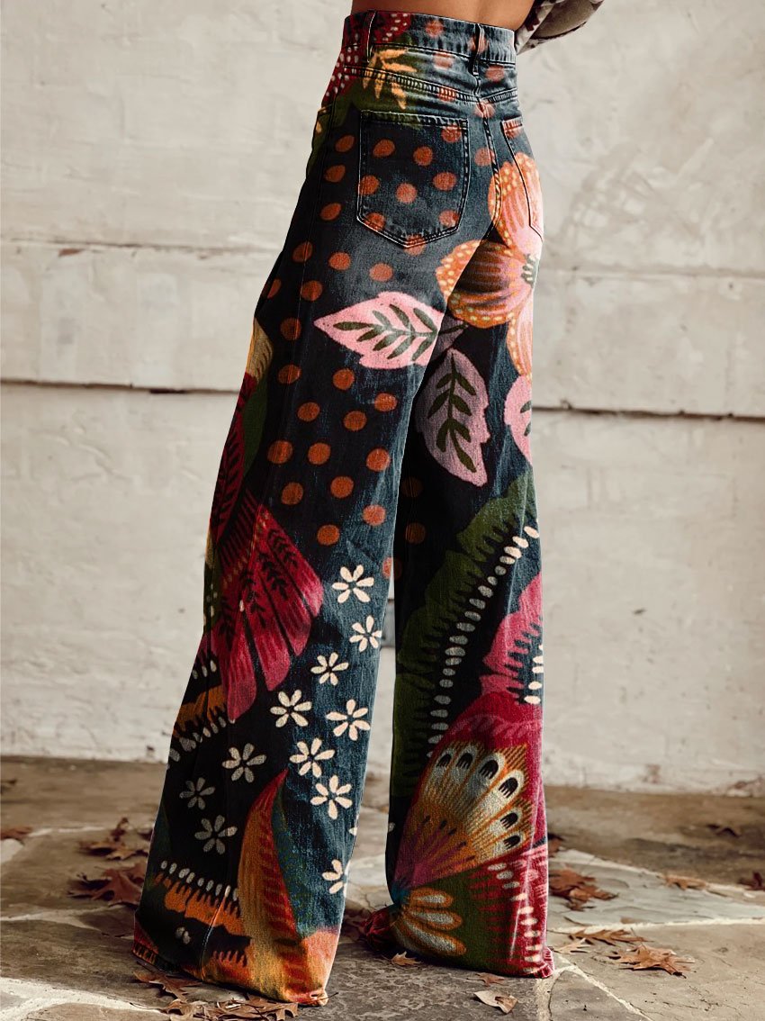 Women's Vintage Print Casual Wide Leg Pants