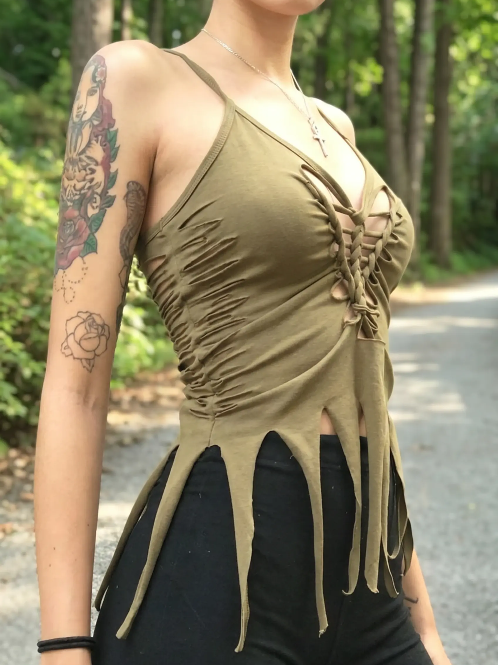 Front Braided Rope Cutout Tassel Cami Top