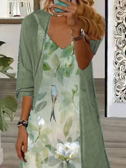 Women's Long Sleeve V-neck Floral Printed Two Pieces Maxi Dress
