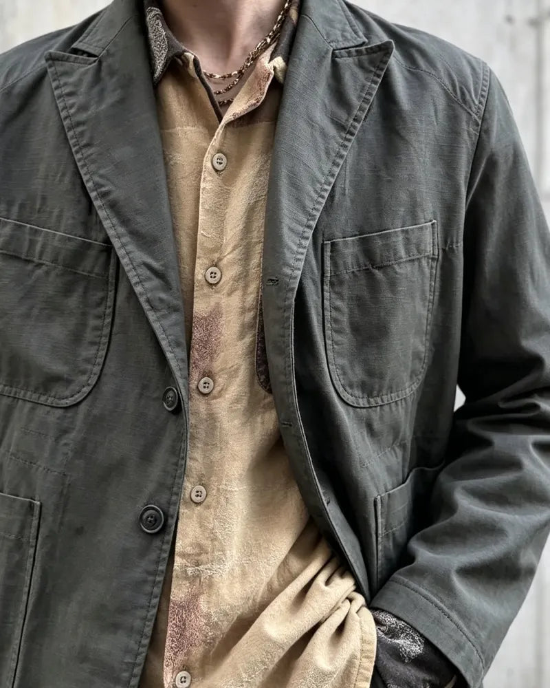 Vintage Blue-grey Multi-pocket Single-breasted Blazer