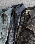 Vintage Paisley Jacquard Washed Denim Long Sleeve Jacket