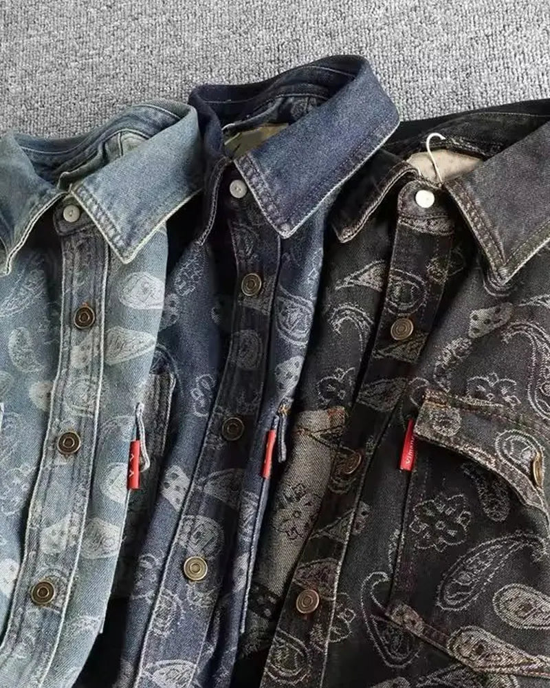 Vintage Paisley Jacquard Washed Denim Long Sleeve Jacket