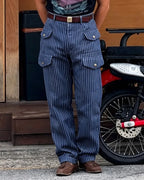 Vintage Navy Railroad Stripe Multi©\Flap©\Pocket Straight©\Leg Cargo Trousers