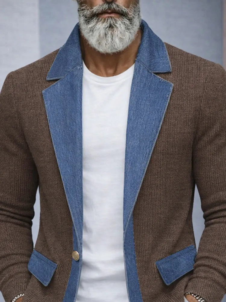 Stylish Contrast Denim Panel Knit Blazer
