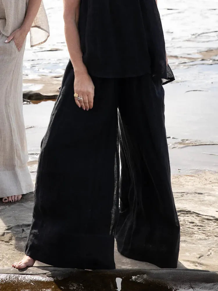 Linen Relaxed Fit High-Waist Wide Leg Long Pants