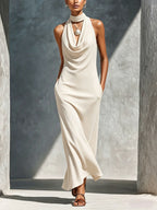 Women's Solid-color Cowl-neck Sleeveless Casual Loose-fit Cotton Dress