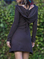 Hooded A-Line Mini Dress with Cowl Neck and Long Sleeves