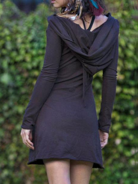 Hooded A-Line Mini Dress with Cowl Neck and Long Sleeves