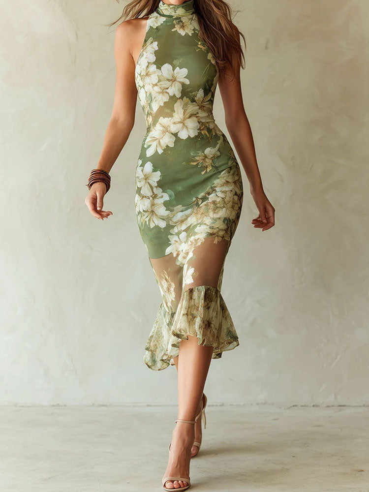 Elegant Floral Halter Neck Slim Fit Midi Dress