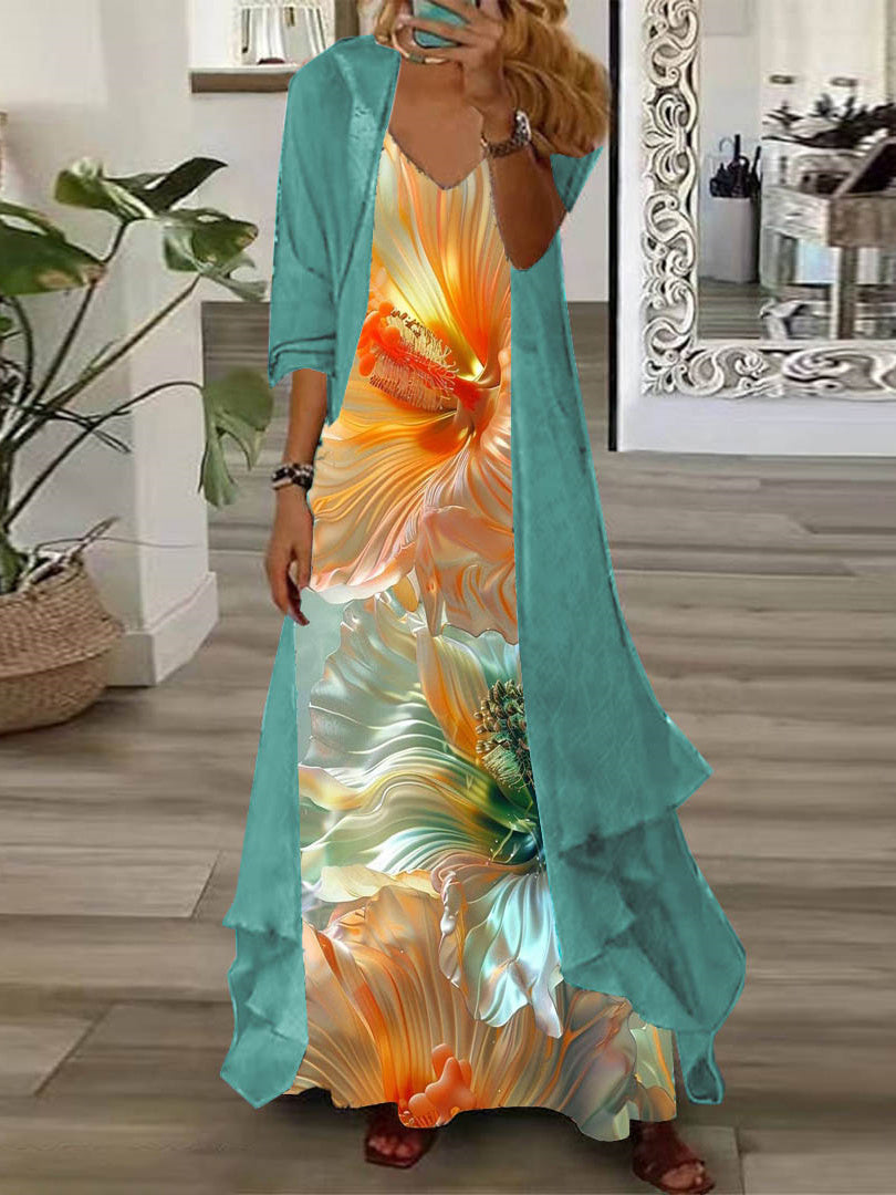 Women's Long Sleeve V-neck Floral Printed Two Pieces Maxi Dress