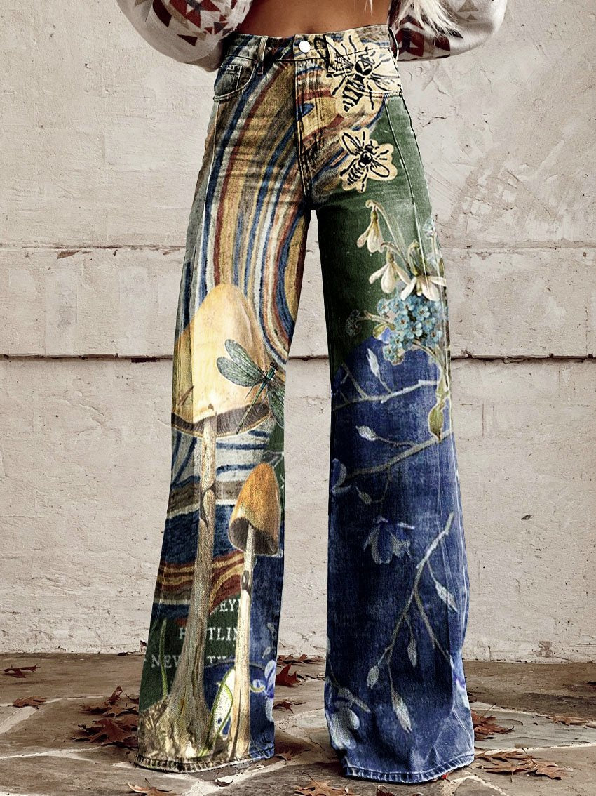 Women's Vintage Flowers Print Casual Wide Leg Pants