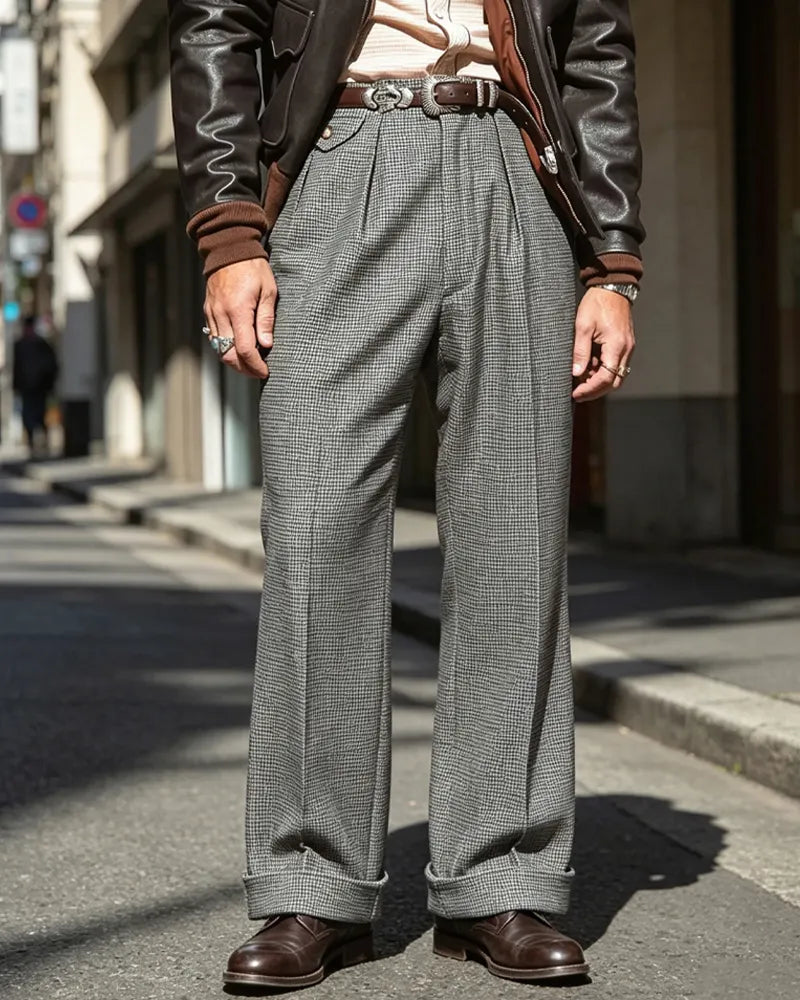 Vintage Gray Wool©\Blend High©\Waist Double©\Pleated Wide©\Leg Trousers