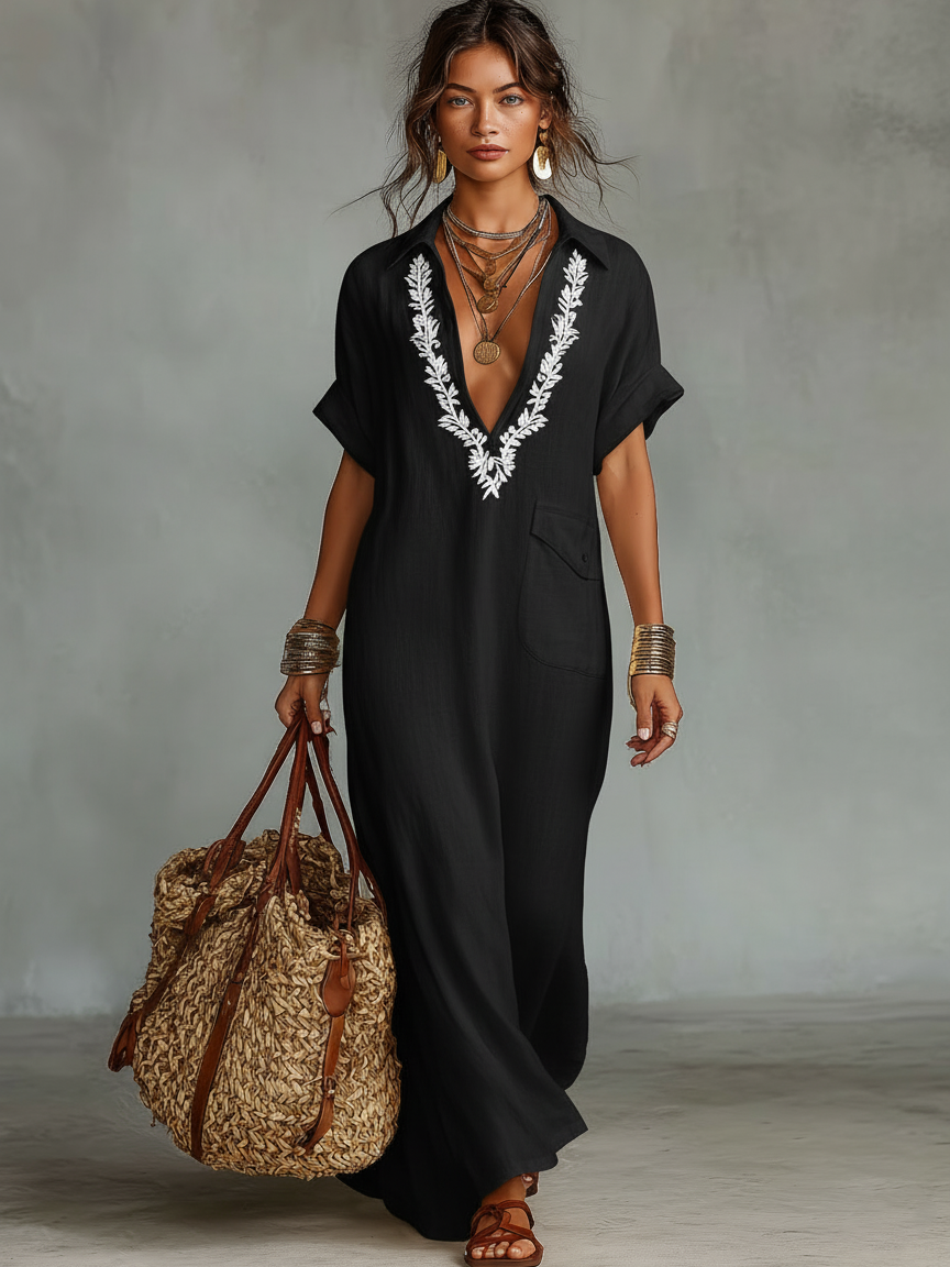 Minimalist Linen Blend Embroidered Short-sleeved Shirt Maxi Dress