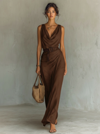 Minimalist Cowl Neck Sleeveless Belted Maxi Dress