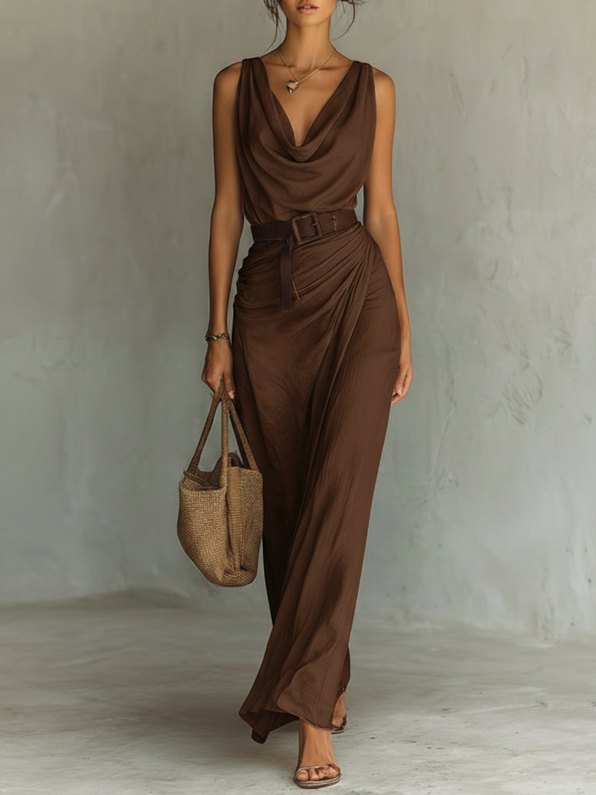Minimalist Cowl Neck Sleeveless Belted Maxi Dress