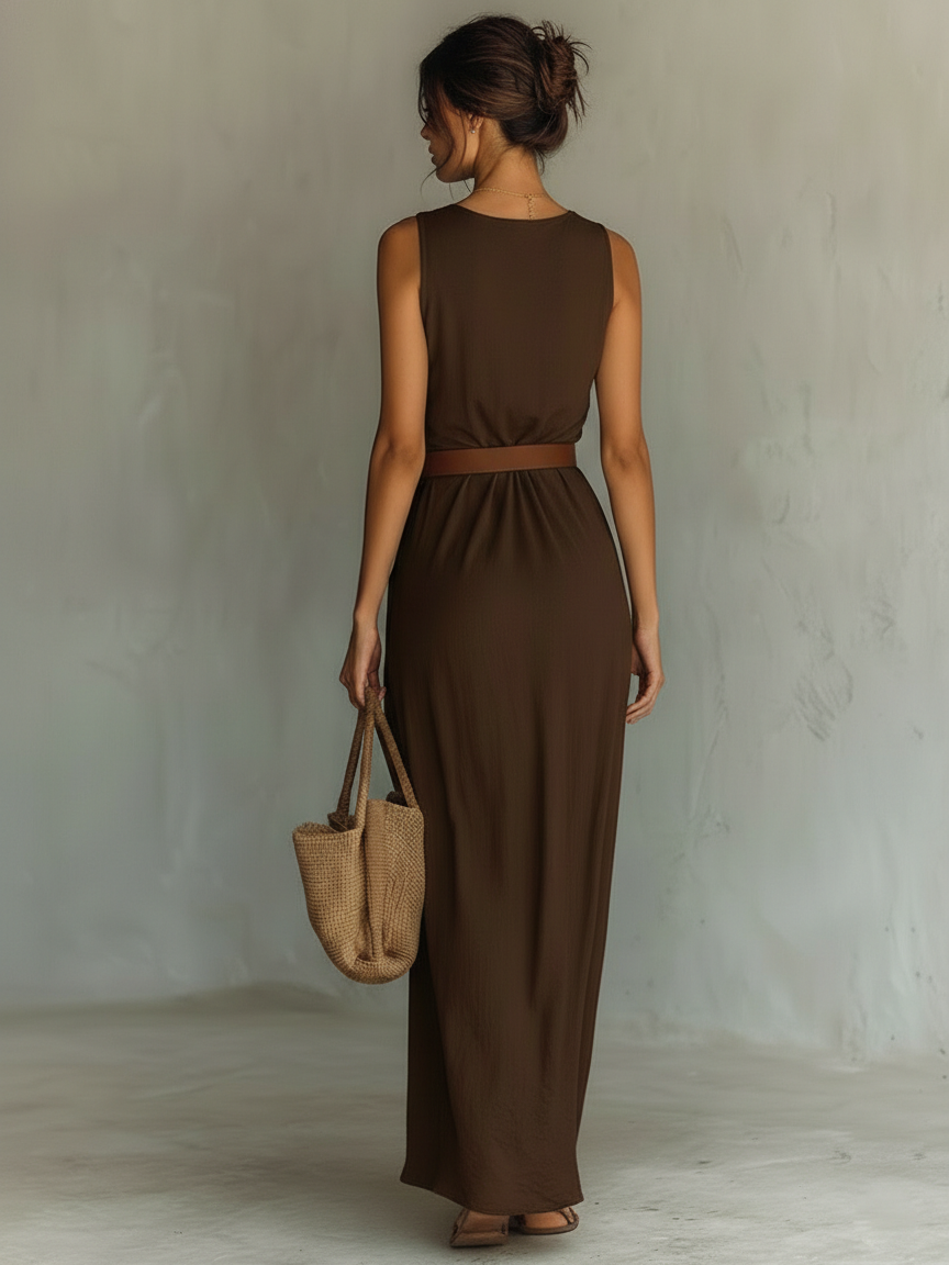 Minimalist Cowl Neck Sleeveless Belted Maxi Dress