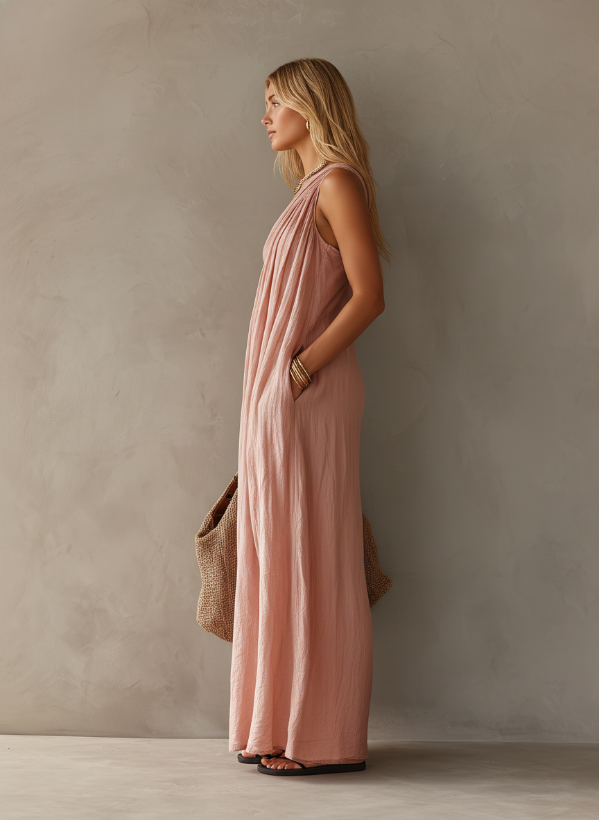 One-Shoulder Cotton-Linen Maxi Dress